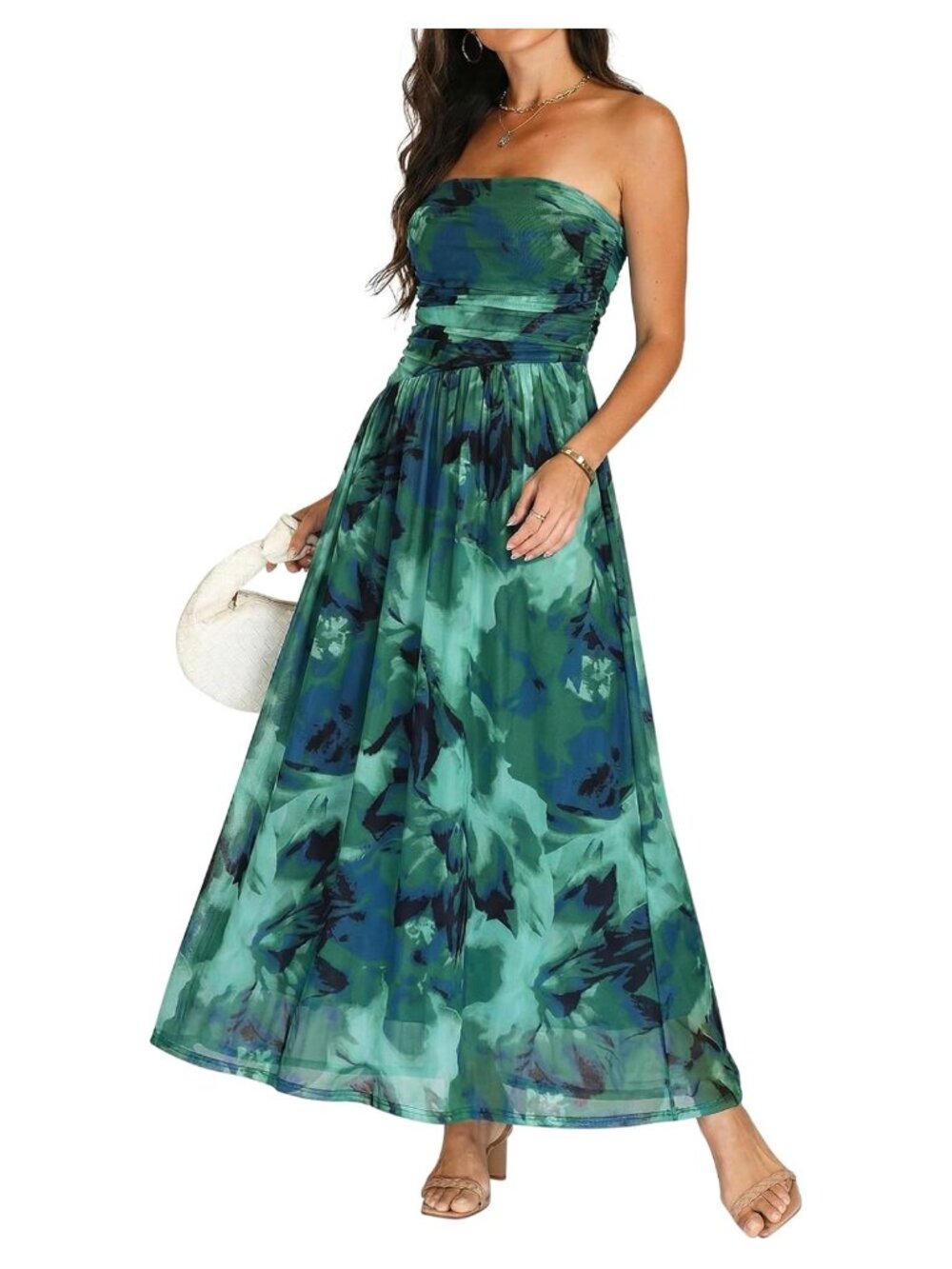 Floral Mesh Maxi Dress Women Wedding Guest Formal Strapless